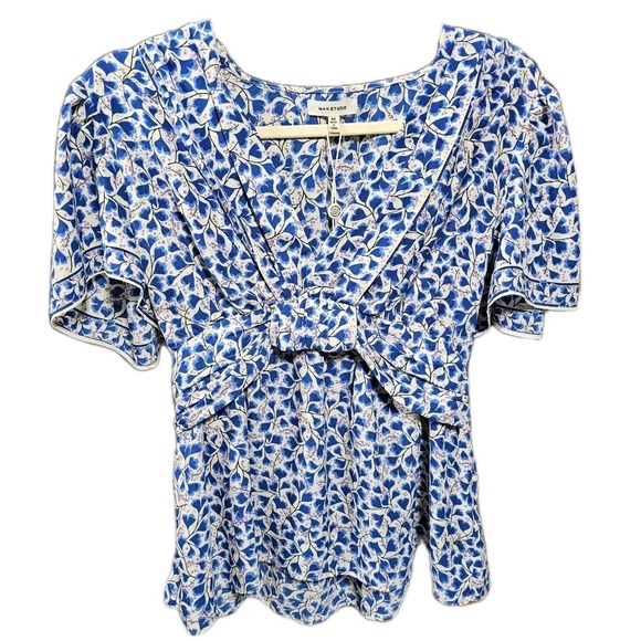 Max Studio Blue Floral Chic Blouse W Sz M Smocked Waist Knot Front NWT 2704D30 - Picture 2 of 8